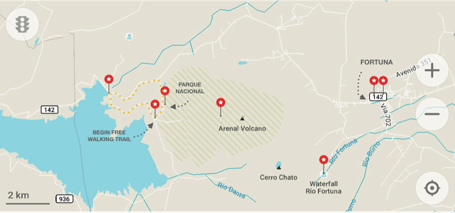 Kaart Fortuna regio Costa Rica